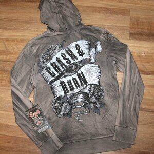 NWT! Crash & Burn Y2K Size MED Roses R Gray Zip Front Studded Hoodie